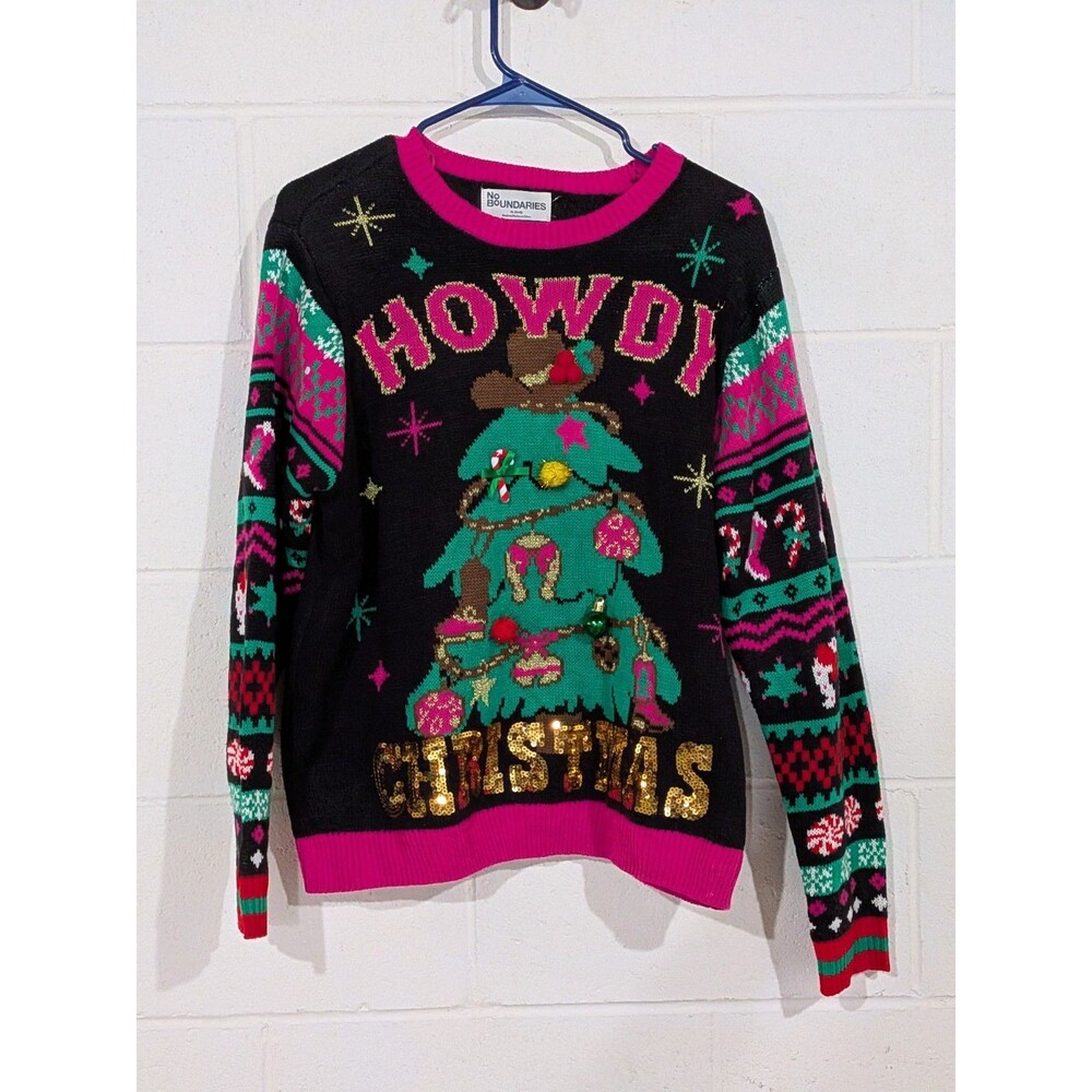 Ugly Christmas Sweater Women's HOWDY Western Size XL Black/Pink 3-D Sparkly
